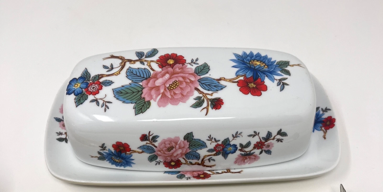 Beautiful Country Floral Covered Butter Dish Blue/Pink/White Flowers Base & Lid