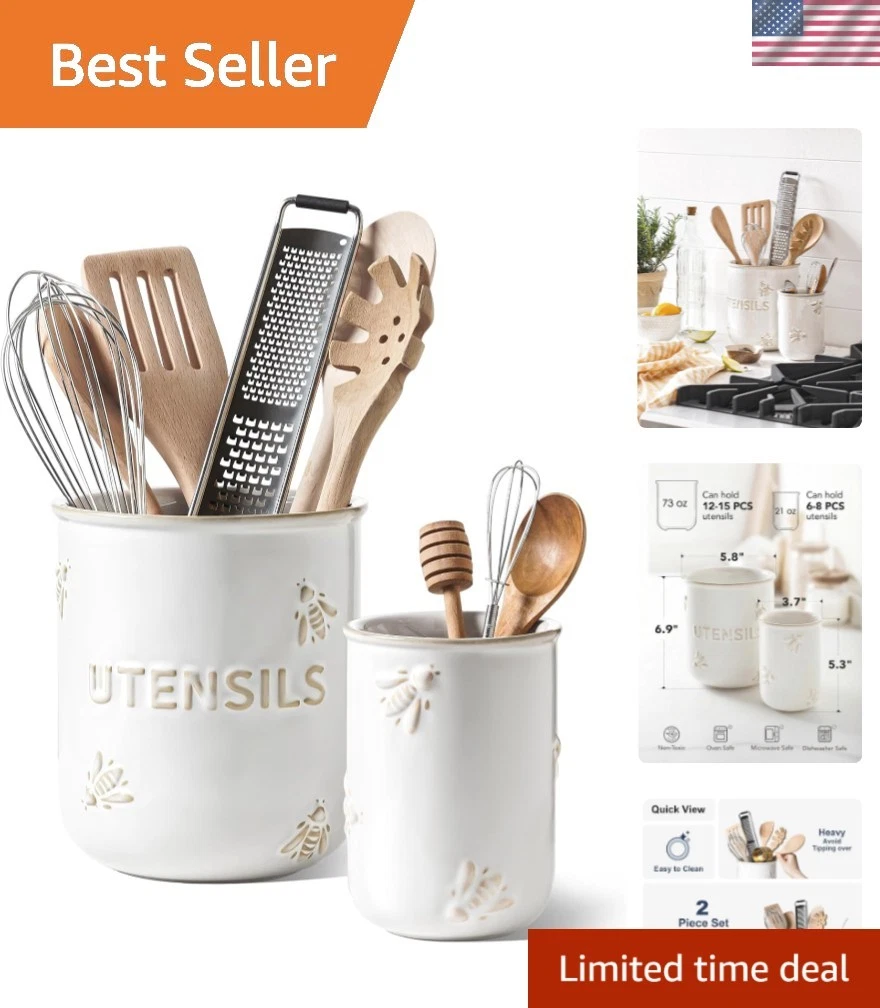 Utensil Holder for Kitchen Counter - 6.9"+5.3" Ceramic Kitchen Utensil Holder...