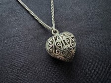 Vintage Filigree Heart Carved Swirl 90s Style Pendant Silver Tone Necklace Retro
