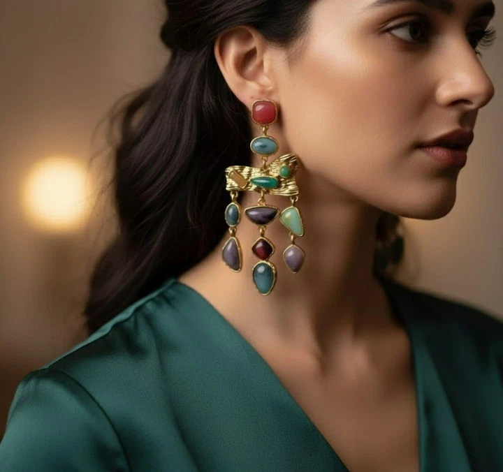 Pendientes llamativos vintage boho multicolor dorado | Regalo de cumpleaños | Resort Vacatio Foto 4 de 4