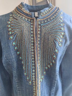 Chico s 25th Anniversary Beaded Denim Jacket Gr.2 L Boho Western Turquoise Artsy
