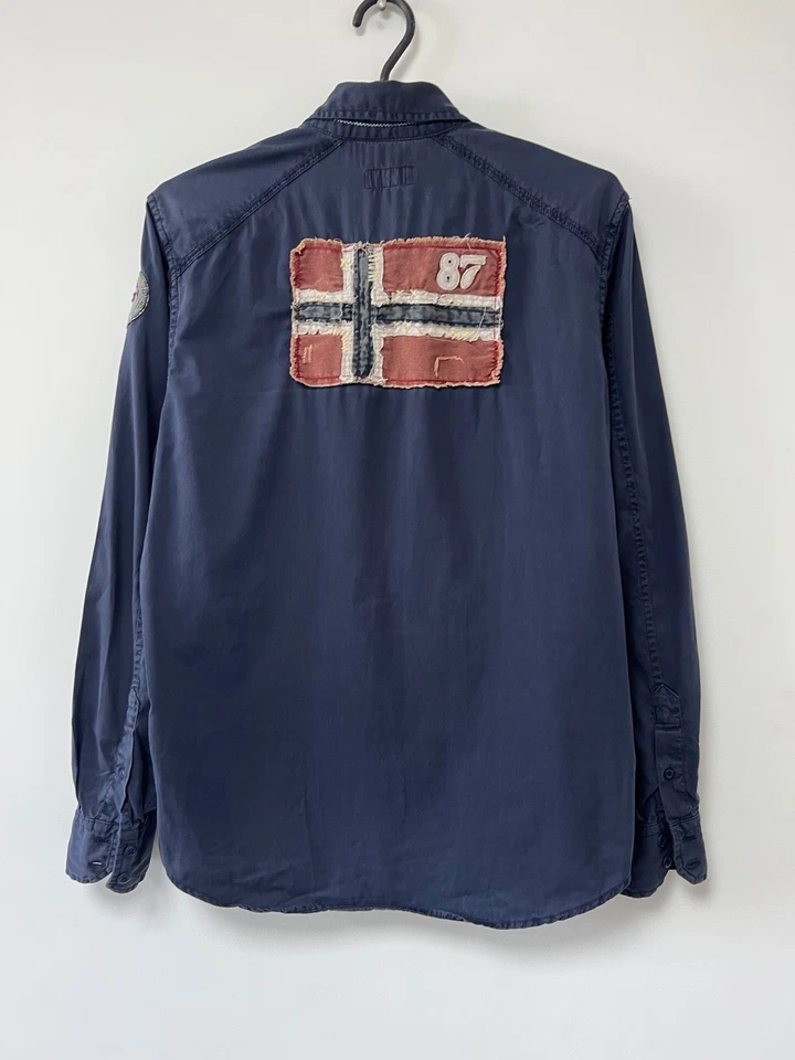 Camisa Napapijri Geographic Botón Manga Larga 100% Algodón Azul Marino Hombres Talla Pequeña Foto 3 de 4