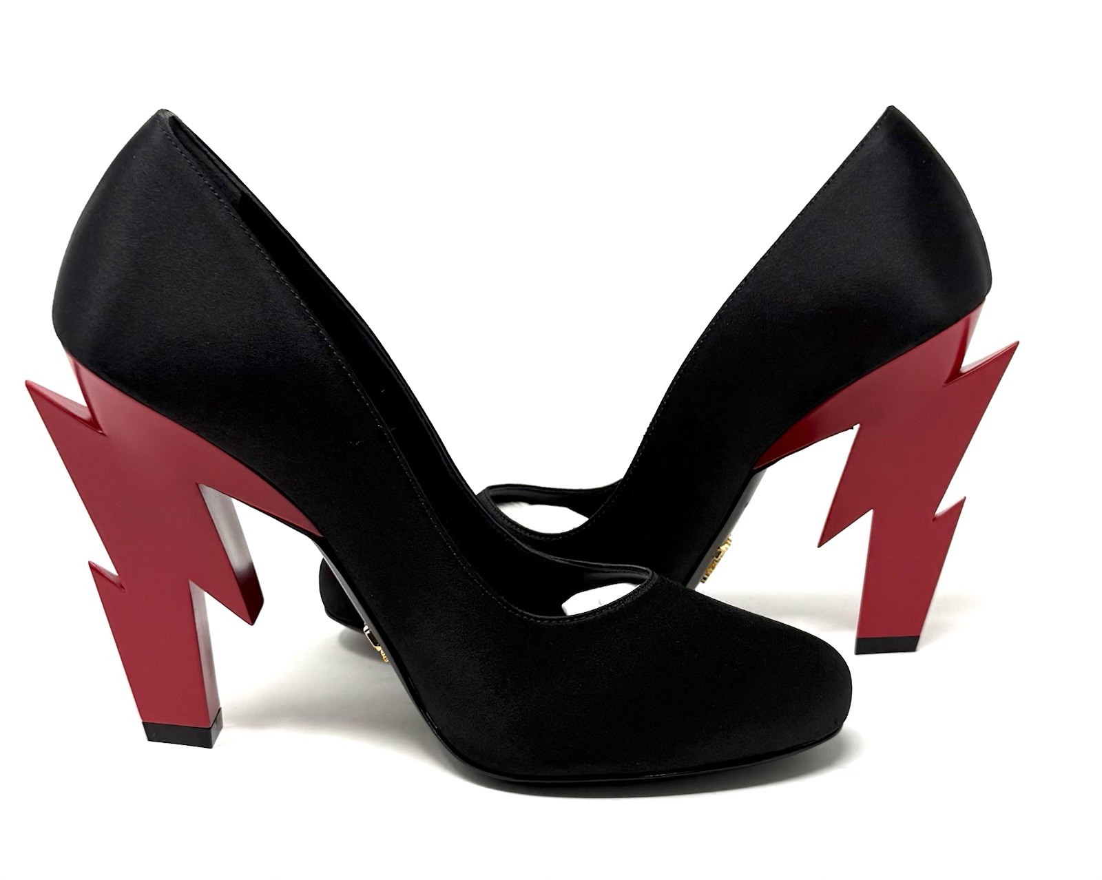 Prada Lighting Bolt Black Satin Pumps W Red Lighting-bolt Heel Size Eu 37 thumbnail 15