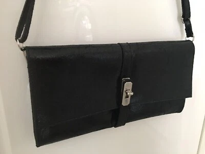 Sac Cuir Noir Pochette Rectangulaire Fermoir Argenté Laniere Reglable Amovible - Photo 1/4