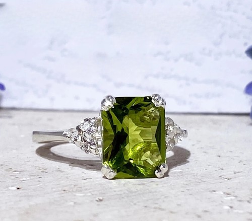 6.30 Ct Real Peridot & Lab Created Diamond Engagement Ring 925 Sterling Silver - Picture 5 of 14