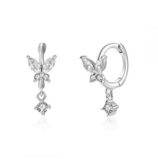 925 Sterling Silver Butterfly Tiny Small Hoop Huggie Earrings Dangle CZ Box PE40