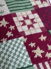 Vintage Christmas Needlepoint Embroidery Stocking Quilt Patchwork Red Velvet