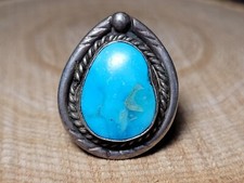 Southwest Style Sterling Silver Large Turquoise Stone Ring Rope Accents I-9940
