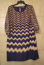 Luxology Shift Dress Size 10 Navy Blue Orange Tan Chevron Lined Roll Tab Sleeve