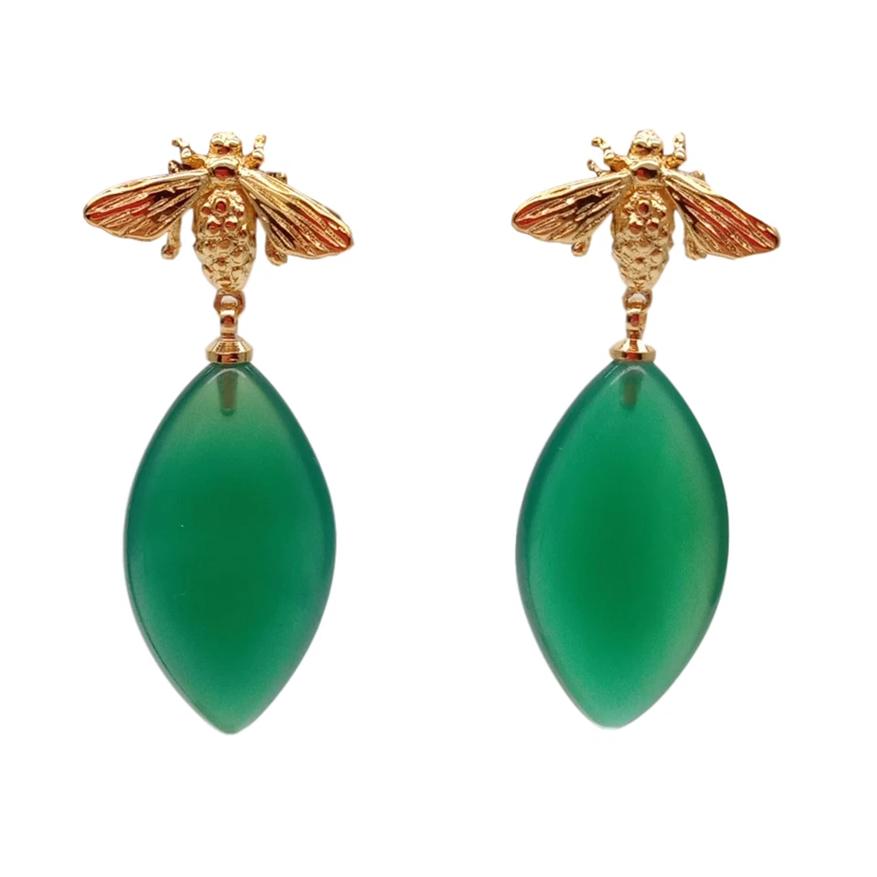 Aretes de ágata verde color oro 18 K escarabajo 1,5"" Foto 4 de 4