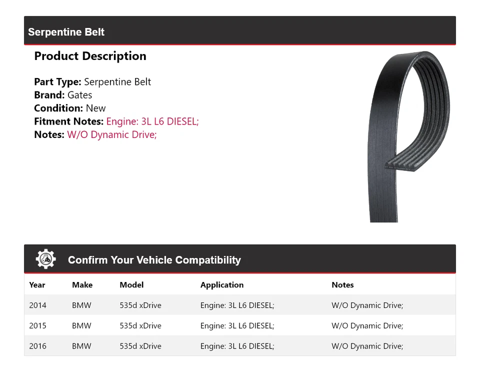 For 2014-2016 BMW 535d xDrive 3L L6 DIESEL Serpentine Belt Gates 2015 - Image 2 of 4