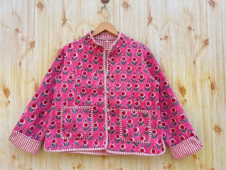 Indian Pink Floral 100%Cotton Quilted Unisex Jacket Women's Clothing Jacket AU