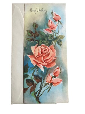 Vintage A Sunshine Card USA Happy Birthday Rose Pink Roses Raised Gold Envelope