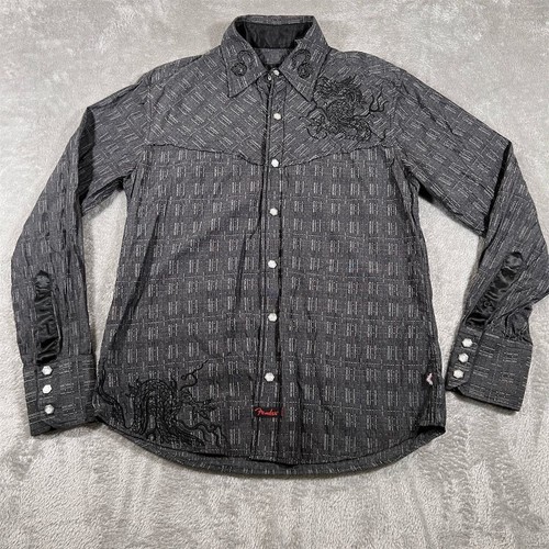 Fender Button Up Long Sleeve Shirt Men's Small Black Dragon Embroidered