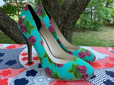 SALE NICOLE Everything Roses Denim Aqua High Heels Stiletto