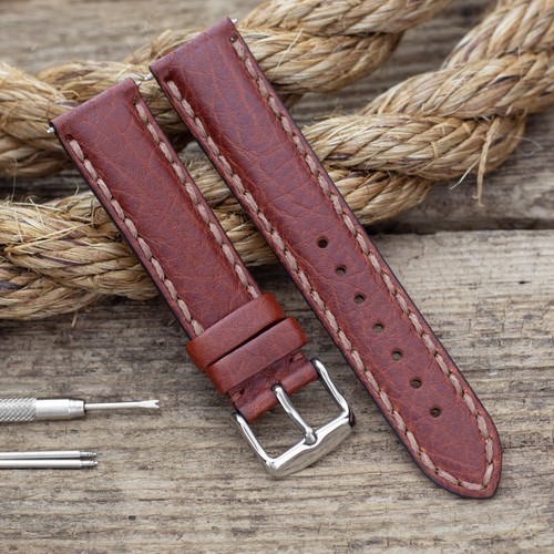Italian Leather Watch Strap Band - Saddle Stitch Buffalo Grain - 18mm 20mm 22mm - Picture 5 of 13