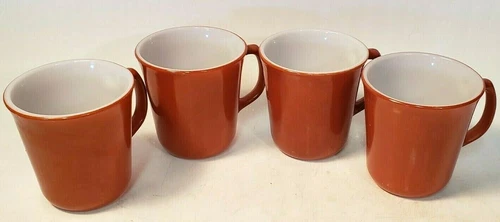  4 Vintage PYREX CORNING WEAR Milk Glass Rust Brown Coffee Cups Mugs D Handle