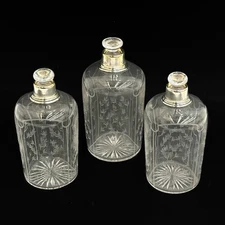 3 Gustave Keller French Silver Mounted Engraved Glass Perfume Bottles c1900
