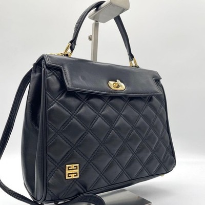 Givenchy 2-way Top Handle Bag w/Shoulder Strap Quilted Turn Lock Leather Black
