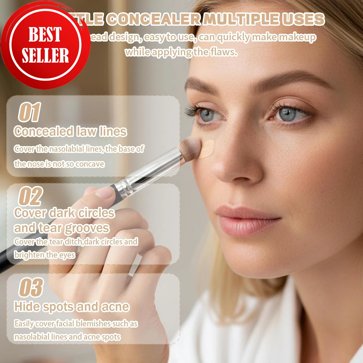 Under Eye Brightener, Pink Colour Corrector Concealer with Brush, Creamy under E