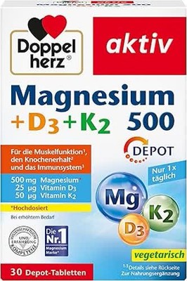 Doppelherz Magnesium 500 + D3 + K2 -Hochdosiert- 30 vegetarische Depot-Tabletten