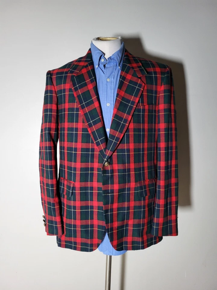 40R Vintage Red Green Blue Wool Pinpoint Tartan Plaid Blazer Jacket Sport Coat - Image 2 of 4