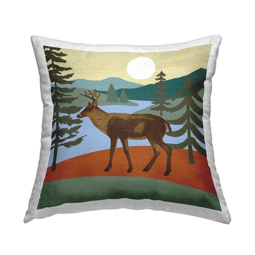 Lakeside Mountain Peaks Woodland Forest Deer Outdoor Printed Pillow, 18 x 18,...