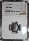 NGC AU-58 BN 1916-D Lincoln Cent, Fully Lustrous & Lightly Toned.