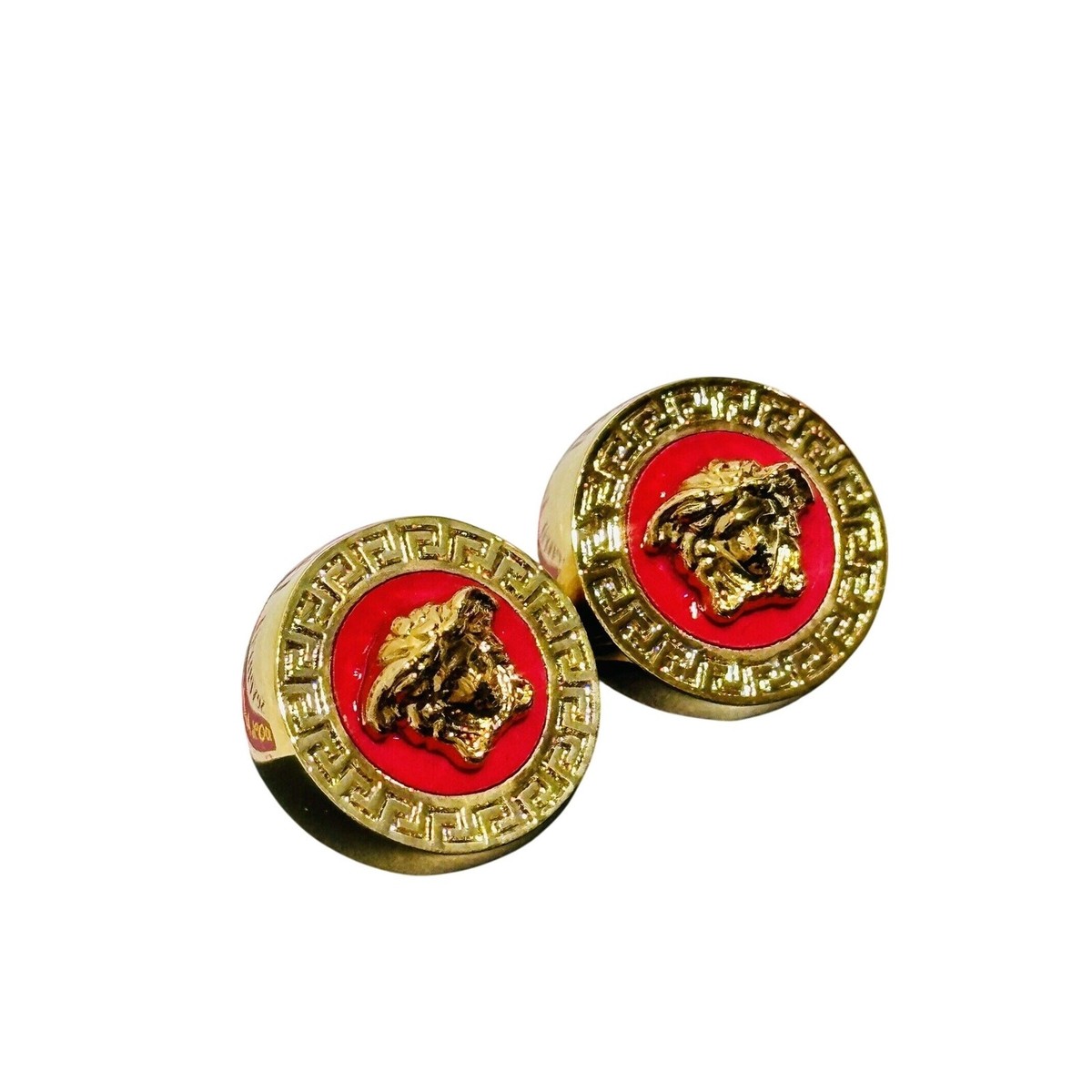 NIB Versace Icon Medusa Greca Stud Earrings Gold Tone Red Engraved 