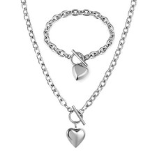 Women Stainless Steel Multilayer Necklace Heart Big Heart  Bracelet Set