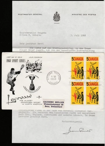 Canada to Switzerland 5c Lacrosse Block REPLACEMENT or PRESENTATION FDC 1968