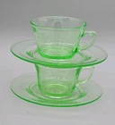Pair Of Vintage Art Deco Green Depression Glass Teacups & Saucers Duos EUC