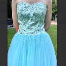 Strapless turquoise aqua blue rhinestone prom dress