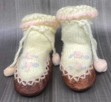 Vintage 1950s Glo Knit Slipper Sox Baby Booties Leather Sole Nylon Knit Upper