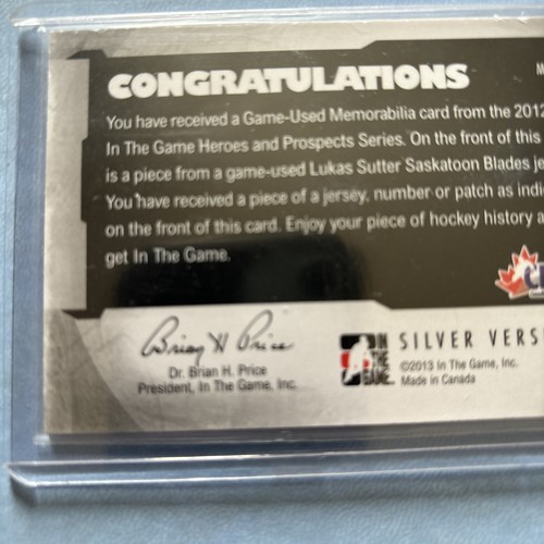 2012-13 ITG Heroes and Prospects Game-Used Silver Jersey /30 Lukas Sutter #M-28 - Picture 3 of 8