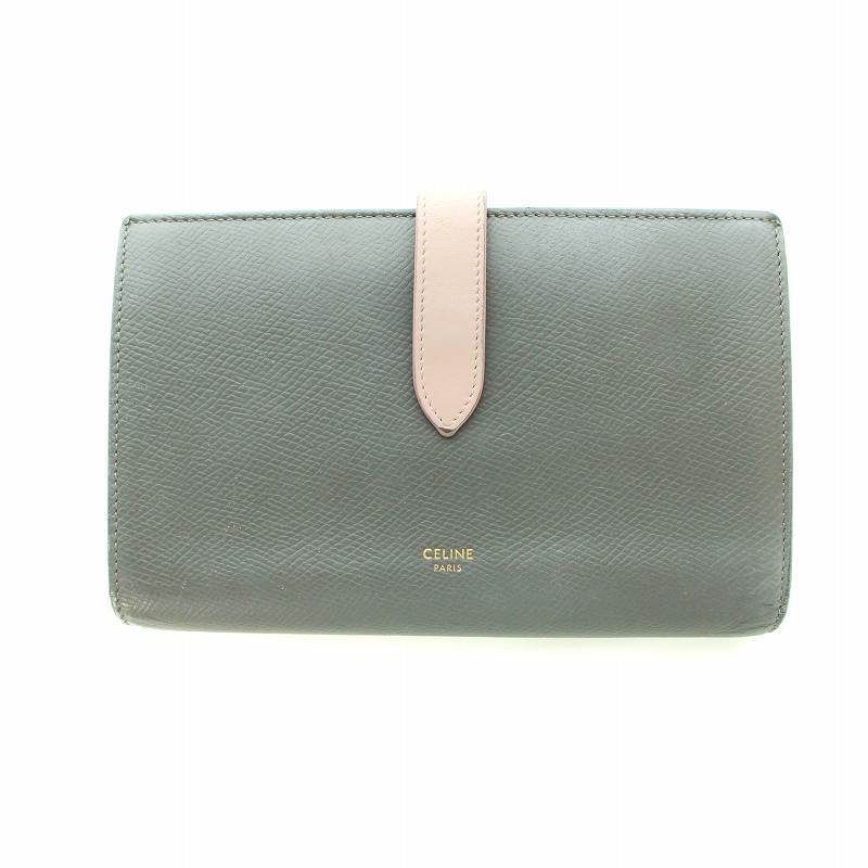 Celine Large Strap Wallet Bicolor Long Bifold Leather Medium Gray 
