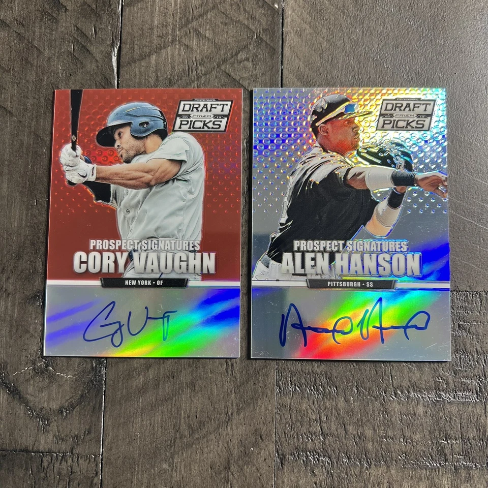 Lote de 2 tarjetas autografiadas de béisbol Cory Vaughn RC Prospects Alen Hanson automático AU Foto 2 de 4