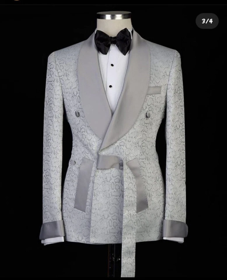 Hombres Trajes Estampado Esmoquin Mantón Solapa Cinturón Chaqueta Algodón Abrigo Formal Negocios Foto 2 de 4