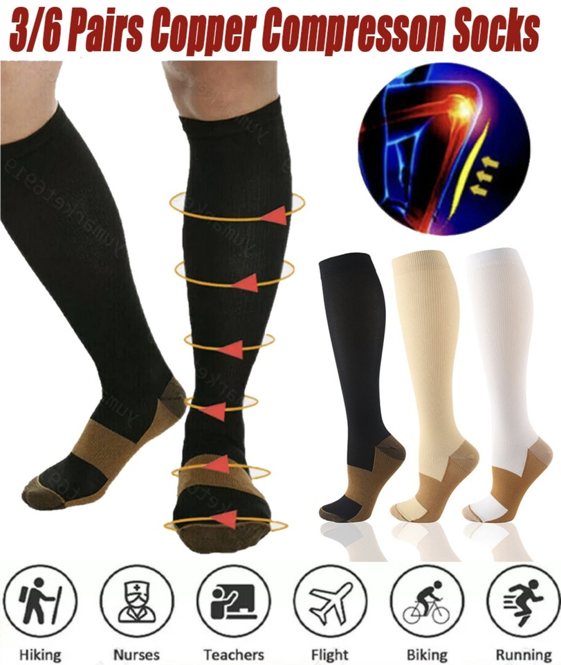 3-6 Pares Calcetines de Cobre Compresión 20-30mmHg Rodilla Soporte Alto