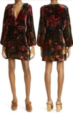 Farm Rio Crazy Mix Plunge Neck Long Sleeve Velveteen Mini Dress NEW $295 Sz S