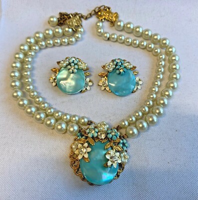 Vtg Necklace & Clip-On Earrings Set Faux Pearl Rhinestone Haskell Inspired 