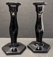 Antique 1920s Cooperative Flint Glass Black Star Candle Sticks Pair