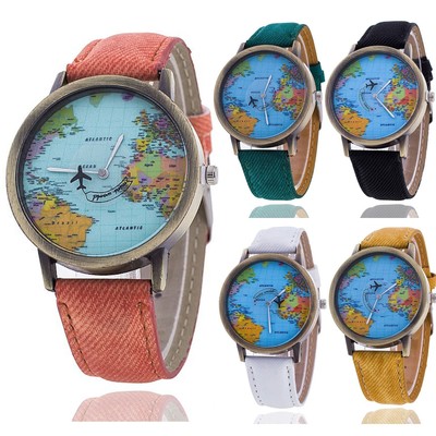 Stylish Vintage Belt Quartz Watch Aircraft Second Hand Map Watch For Unisex