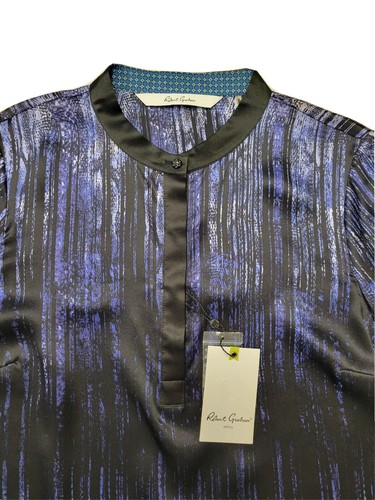 Camisa para mujer ROBERT GRAHAM KEMIA 100 % seda talla pequeña azul negra abstracta nueva con etiquetas - Imagen 7 de 8