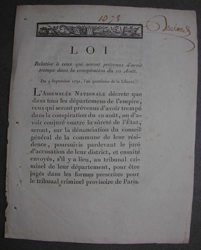 Loi relative à ceux prévenus d’avoir trempé dans la Conspiration du 10 août.1792 - 第 1/1 張圖片
