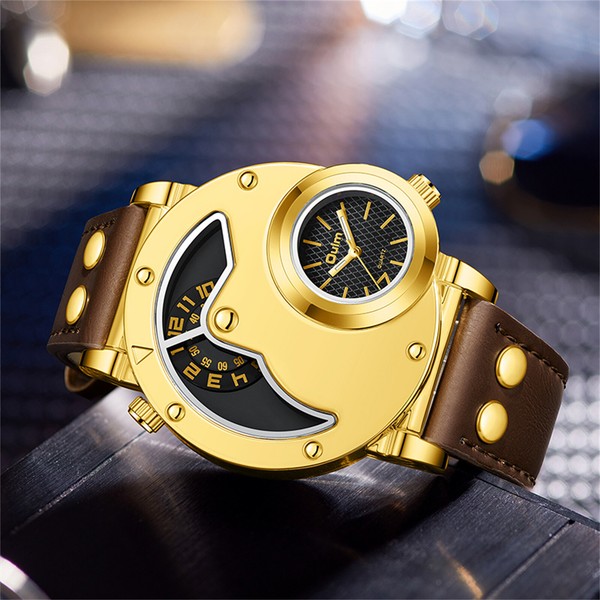 Reloj de pulsera para hombre, militar, cuarzo, analógico, esfera grande, doble huso horario, correa de cuero 5