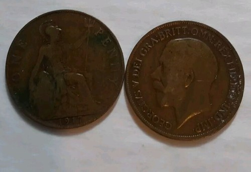 2 UK Coins-Large Bronze Pennies 1917 & 1919 Glossy Brown Very Good Cents - Picture 3 of 6
