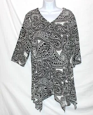 NICHE Nilgun Derman Sz L Black 'Flora' Tunic TOP Paisley Rayon Sharkbite 3/4 Slv