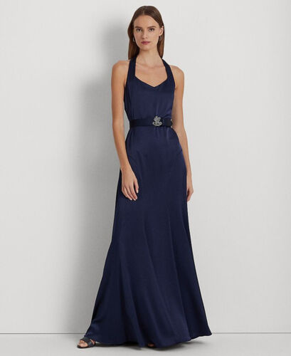 Lauren Ralph Lauren Hammered Charmeuse Gown W/Belt Navy Blue Size 12 NWT