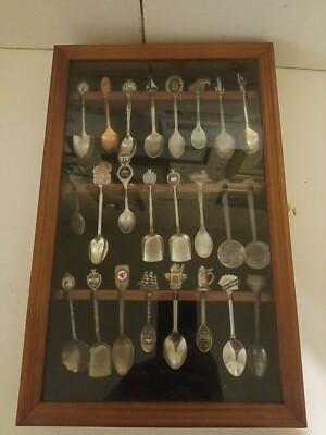 Vintage 24 Mixed Souvenir spoons In Display Case